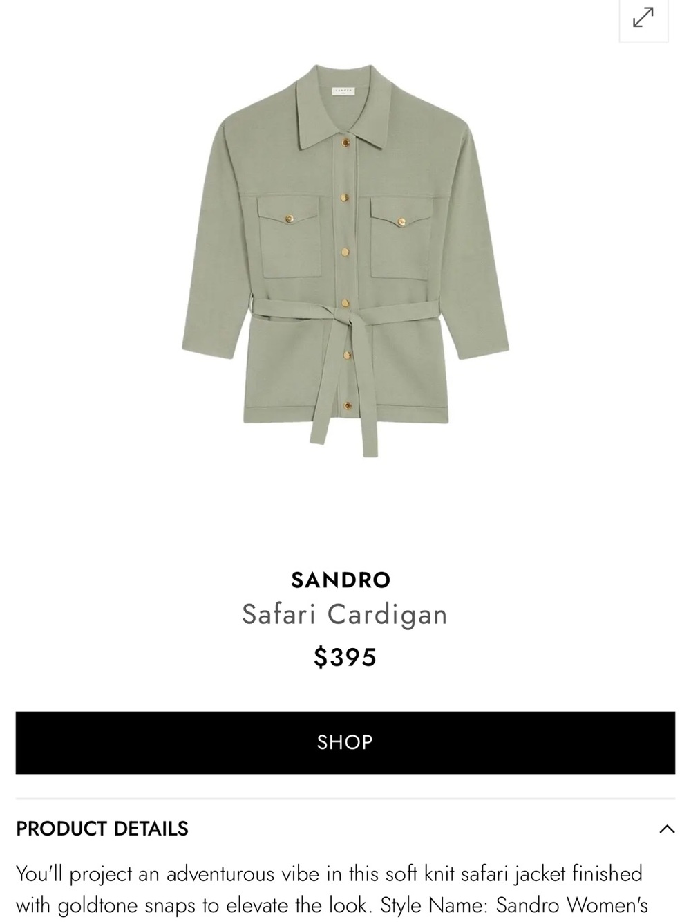 Sandro Sage Green Knit Cardigan with Gold Buttons